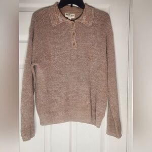 Vtg Norm Thompson PM Beige White Long Sleeve Polo LINEN Blend Women’s Sweater